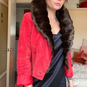 Red suede and faux fur trim cropped jacket.